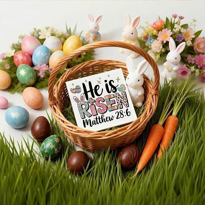 Christian Easter Decor He Is Risen Matthew 28:6 Wooden Sign, Religious Bible Verse Bunny Cross Design, Rustic Farmhouse Easter Desk Decorations for Home Living Room Shelf Plaque