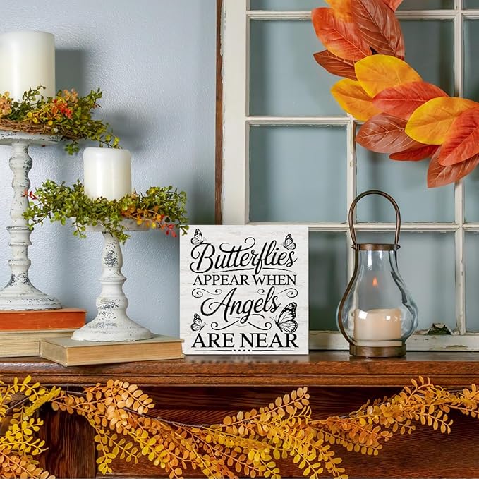 Rustic Religious Sympathy Quote Wood Box Sign Butterflies Appear When Angels are Near Wooden Box Sign Home Desk Shelf Decor Christmas Birthday Gifts for Women Friends Family