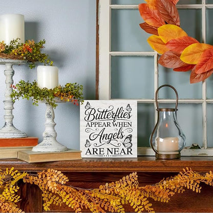 Rustic Religious Sympathy Quote Wood Box Sign Butterflies Appear When Angels are Near Wooden Box Sign Home Desk Shelf Decor Christmas Birthday Gifts for Women Friends Family