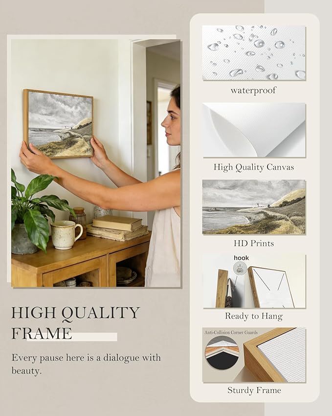 SHENIFY Coastal Framed Canvas Wall Art Vintage Landscape Seascape Classic Bathroom Kitchen Office Decor - 11x14in Natural Framed
