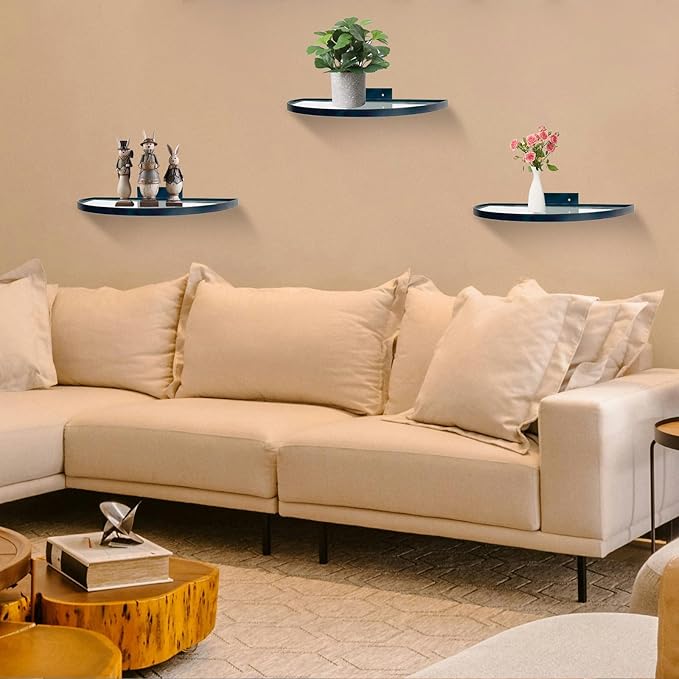 Cityelf Floating Shelves Wall Mounted Wall Decor Iron Glass Hanging Shelf Home Decor Set of 3 Display Ledge Shelves for Living Room Bedroom Office-Black
