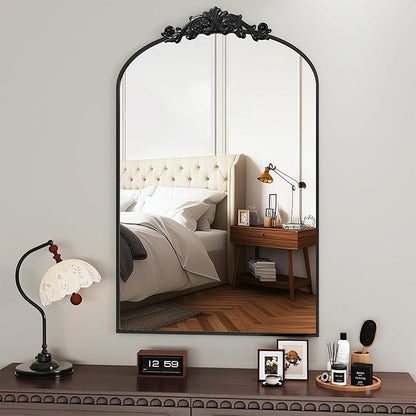 Vintage Wall Mirror, 24"x36" Arched Mirror for Vanity, Antique Decorative Mirrors with Carved Metal Frame for Bedroom, Living Room, Entryway, Fireplace, Hallway, Black