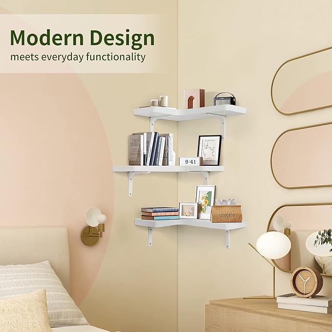 fuqing Corner Floating Shelves, Wall Shelf Set of 3, Shelves for Wall Storage, Solid Wood Shelves for Storage, Wall Mount Wooden Display Shelf for Bathroom Bedroom Kitchen Garage, White
