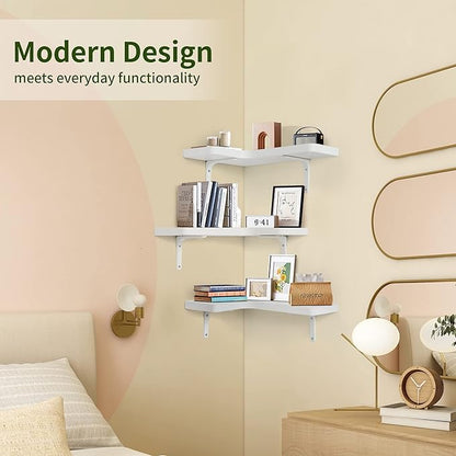 fuqing Corner Floating Shelves, Wall Shelf Set of 3, Shelves for Wall Storage, Solid Wood Shelves for Storage, Wall Mount Wooden Display Shelf for Bathroom Bedroom Kitchen Garage, White
