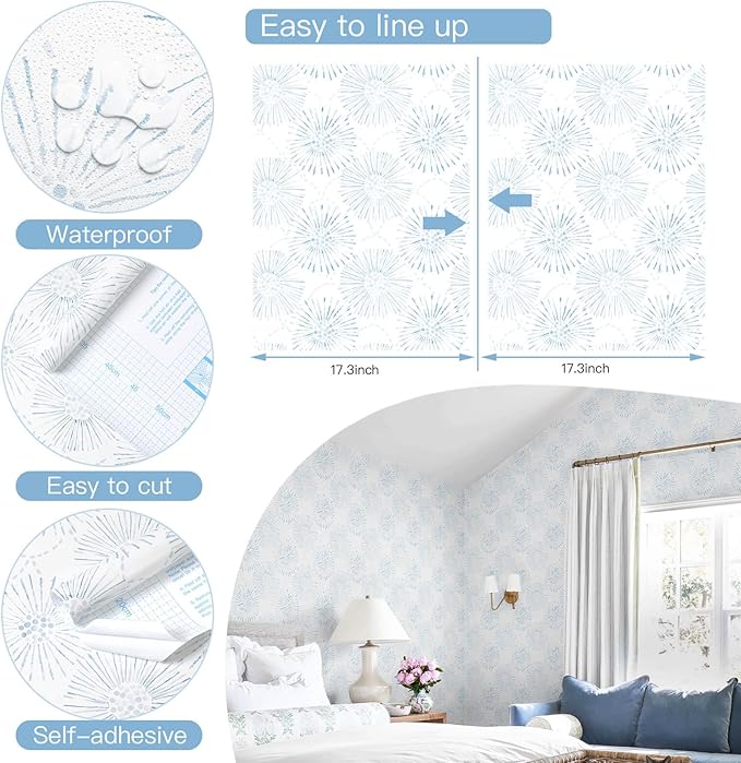 Boho Wallpaper Blue Wall Paper Peel and Stick Modern Blue and White Geometric Fireworks Contact Paper Renter Friendly Self-Adhesive Removable Bathroom Bedroom Laundry Room 17.3