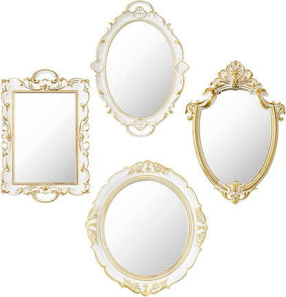 4 Pcs Vintage Gold Mirrors Set Including Small Oval Wall Mirror Antique Shield Shape Square Decorative Mirror Dresser Mirrored Tray for Bedroom Wedding Victorian Decor (Elegant,White)