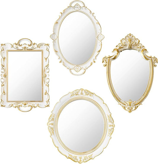 4 Pcs Vintage Gold Mirrors Set Including Small Oval Wall Mirror Antique Shield Shape Square Decorative Mirror Dresser Mirrored Tray for Bedroom Wedding Victorian Decor (Elegant,White)