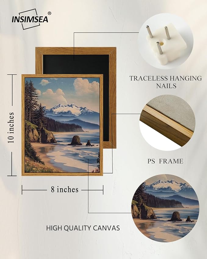InSimSea Framed Canvas Wall Art, Vintage National Park Art for Living Room Hallway Shelf, 10x8in, Olympic Coastal Landscape Painting, Rustic Cozy Mid Century Small Nature Decor