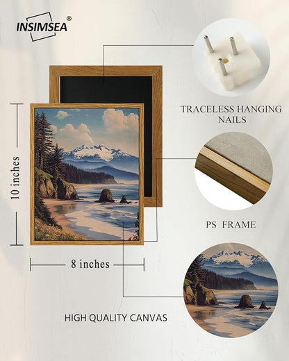 InSimSea Framed Canvas Wall Art, Vintage National Park Art for Living Room Hallway Shelf, 10x8in, Olympic Coastal Landscape Painting, Rustic Cozy Mid Century Small Nature Decor