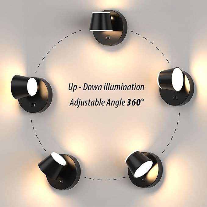 URSOLA Battery Operated Wall Lights Set of Two, LED Rechargeable Battery Wall Sconce with 9000mAh 3CCT and Dimmable Magnetic 360° Rotation Cordless Light for Bedroom（Black）
