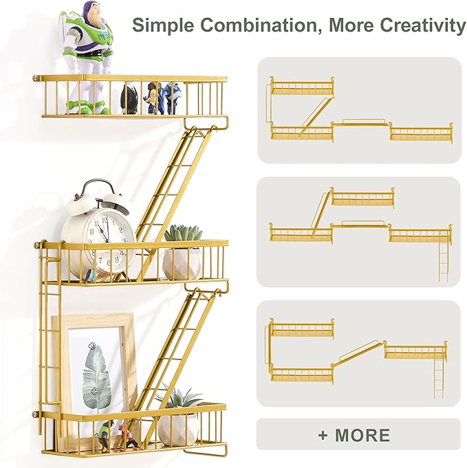 Fire Escape Wall Shelf Gold - New York Decorative Ladder Shelf, Metal Decorative Shelving for Living Room, Home Décor, Action Figure Display (3-Tier)