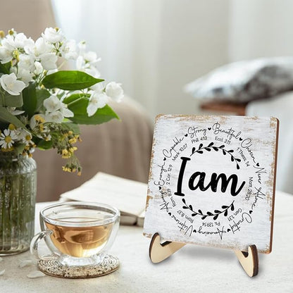 Inspirational Sign Rustic Desk Decor Decorative Christian Encouragement Religious Bible Verse Faith Decoration for Home Farmhouse Office Bathroom Table Shelf Counter Tiered Tray Plaque with Wood Stand