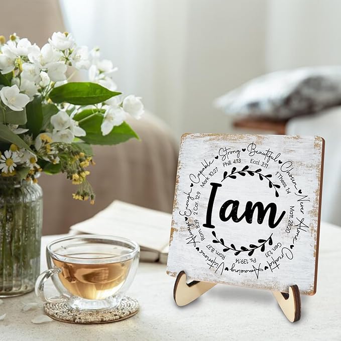 Inspirational Sign Rustic Desk Decor Decorative Christian Encouragement Religious Bible Verse Faith Decoration for Home Farmhouse Office Bathroom Table Shelf Counter Tiered Tray Plaque with Wood Stand