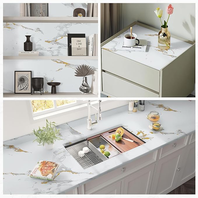 practicalWs Glossy Marble Wallpaper Peel and Stick White/Gold Granite Contact Paper Removable Wall Paper for Kitchen Countertop Cabinet Furniture 11.8