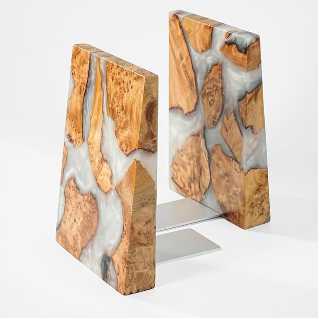 Resin Bookends Large Heavy Duty Bookends for Shelves, Unique Burl Wood Figure Book Ends for Study Office, Fancy Modern Decorative Book Supports for Bookshelf Organization (Pearlescent White)
