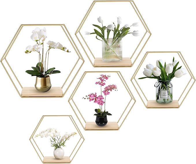 Wall Mounted Hexagonal Floating Shelves Set of 5 in Different Sizes, Modern Metal Shelf, Simple Wood Partition Storage Shelves, Gold Decor Rack for Bedroom, Living Room, Kitchen and Office