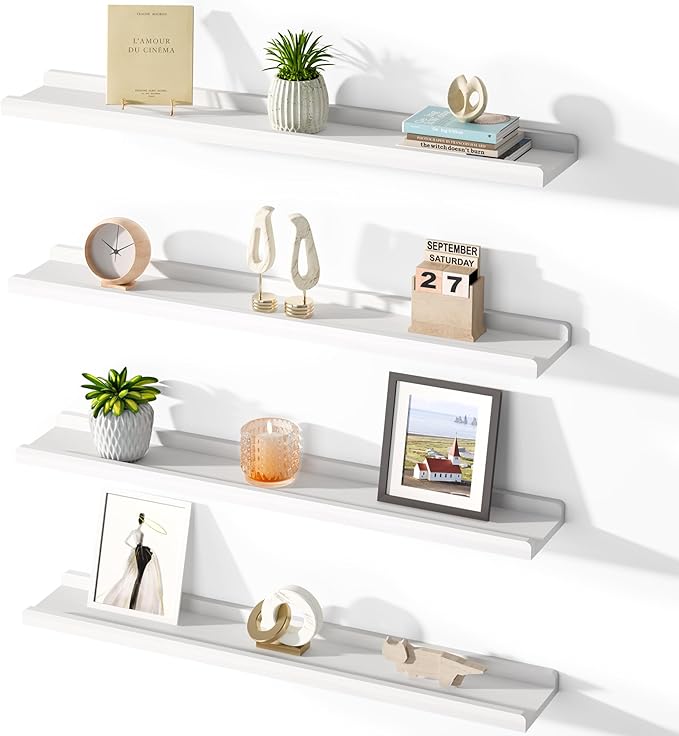 Love-KANKEI White Floating Shelves for Wall Set of 4,36 Inch Wall Shelves with Lip,Rustic Wood Hanging Shelves for Bedroom Bathroom Living Room Kitchen Nursery Display
