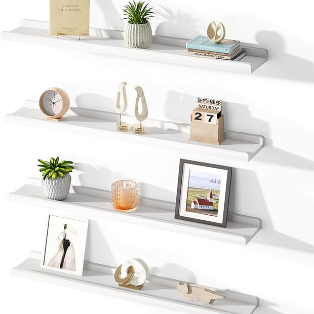 Love-KANKEI White Floating Shelves for Wall Set of 4,36 Inch Wall Shelves with Lip,Rustic Wood Hanging Shelves for Bedroom Bathroom Living Room Kitchen Nursery Display