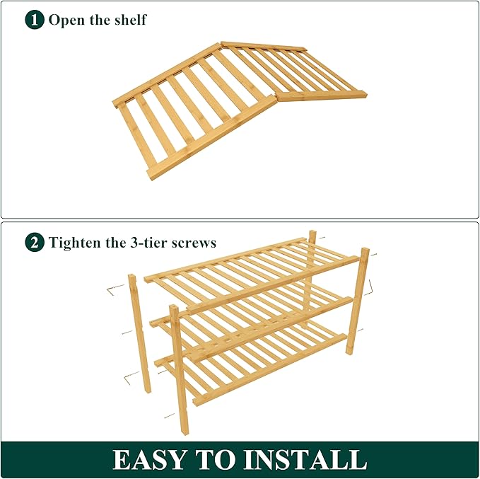 Smiry Bamboo Shoe Rack for Closet, 3 Tier Wooden Stackable Shoe Organizer, Free Standing Shoes Storage Shelf for Entryway, Front Door Entrance, Natural