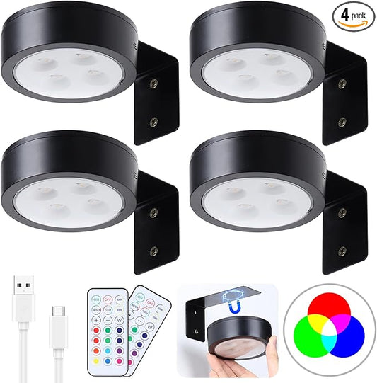 4 Pack Wireless Picture Lights for Wall, Magnetic Black Picture Light Battery Operated with Remote, Dimmable Painting Light for Art Display, RGB Rechargeable Wall Lights for Photo Frame Gallery