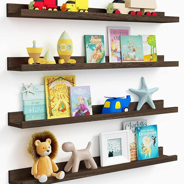 Forbena 36 Inch Long Picture Ledge Shelf, Wooden Floating Shelves for Wall with Lip, Dark Brown Wall Mounted Bookshelf Bookshelves for Living Room Bedroom Office Books Photos (Real Wood, Set of 4)
