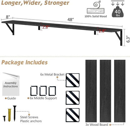 Forbena 48 Inch Long Floating Book Shelves for Wall Set of 3, Black Wall Bookshelves for Living Room, Large Heavy Duty Wood Wall Mounted Hanging Bookshelf for Bedroom Office Library Classroom