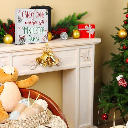 Funny Christmas Decor, Indoor Christmas Decorations, Candy Cane Wishes and Mistletoe Kisses Wooden Sign Rustic Home Shelf Desk Decor 5 x 5 Inches