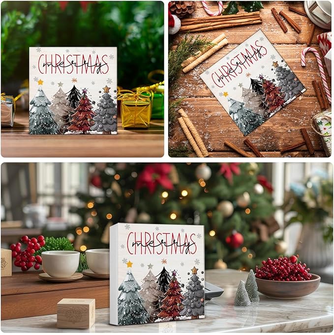 Farmhouse Christmas Decor - Merry Rustic Wooden Sign, Star Christmas Tree Decor - 5 x 5 Inches