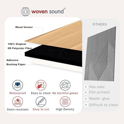 WoveN SounD Artisan Acoustic Wall Panels, 16 Pack 12x12 Inch, Wood Veneer Carved Sound Proof Wall Decor, Self-Adhesive for Home, Studio, Office & Focus Zones, Grid Weave, Natural Oak