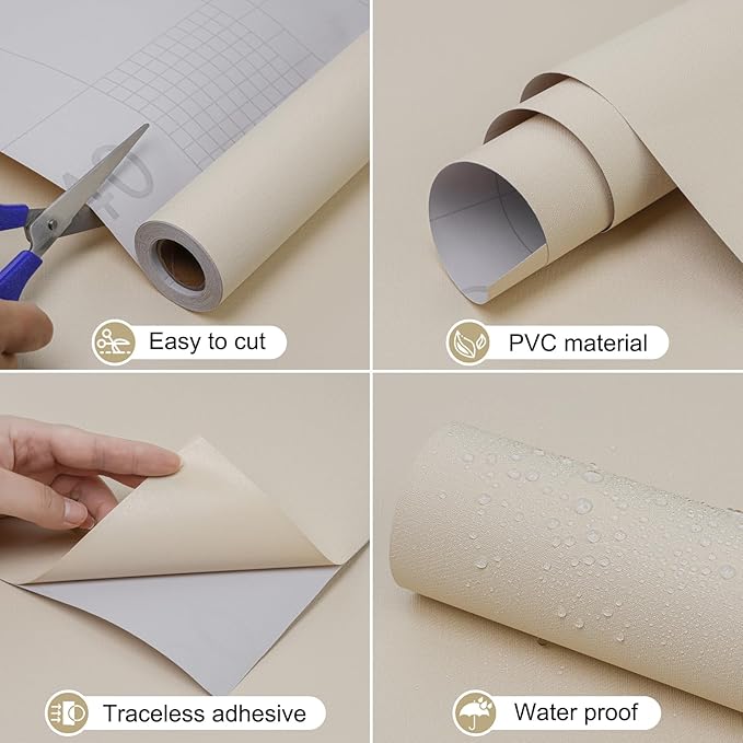 Amiya Cream Peel and Stick Wallpaper Solid Color Textured Contact Paper Pure Beige Self Adhesive Wallpaper Matte Removable Wall Paper Decorative Walls Decal Vinyl Roll A Set of15.7×236"