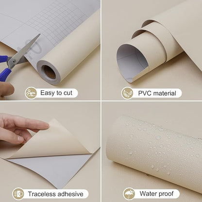 Amiya Cream Peel and Stick Wallpaper Solid Color Textured Contact Paper Pure Beige Self Adhesive Wallpaper Matte Removable Wall Paper Decorative Walls Decal Vinyl Roll A Set of15.7×400"