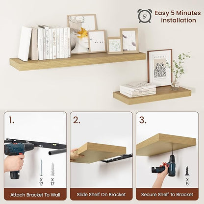 Vivelove 12 Inch Deep Floating Shelves 24 inch Long, 24 x 12 Wide Display Shelves with Invisible Brackets, Shelf for Bedroom Bathroom Living Room Office Home, Modern Shelf Set of 2, Oak