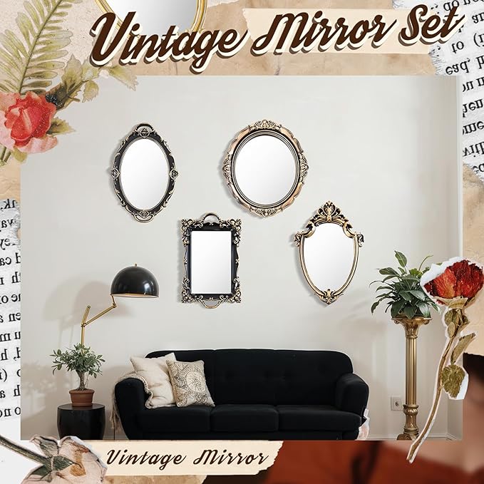4 Pcs Vintage Gold Mirrors Set Including Small Oval Wall Mirror Antique Shield Shape Square Decorative Mirror Dresser Mirrored Tray for Bedroom Wedding Victorian Decor (Vintage,Bronze Gold)