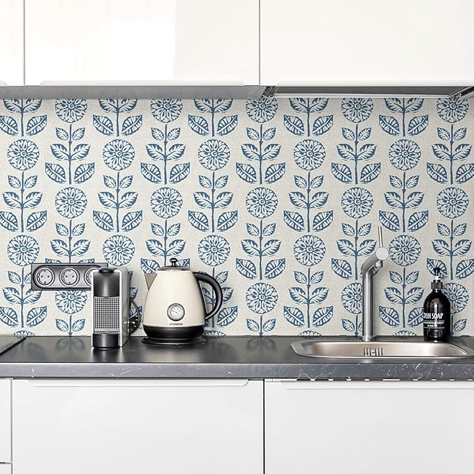 Wudnaye Blue Floral Peel and Stick Wallpaper Blue and White Contact Paper 17.7in×196.8in Vintage Floral Self Adhesive Wallpaper Navy Removable Tulip Wall Paper Waterproof for Bathroom Farmhouse Decor