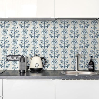 Wudnaye Blue Floral Peel and Stick Wallpaper Blue and White Contact Paper 17.7in×196.8in Vintage Floral Self Adhesive Wallpaper Navy Removable Tulip Wall Paper Waterproof for Bathroom Farmhouse Decor