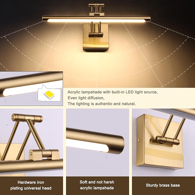 Hard-Wired Picture Light Dimmable LED Picture Lights for Paintings 15.7 Inch Brass Metal Body Wall Pictures with Adjustable Gold Swing Arm Art Display Lamps 7W 3000K Warm White Book Light