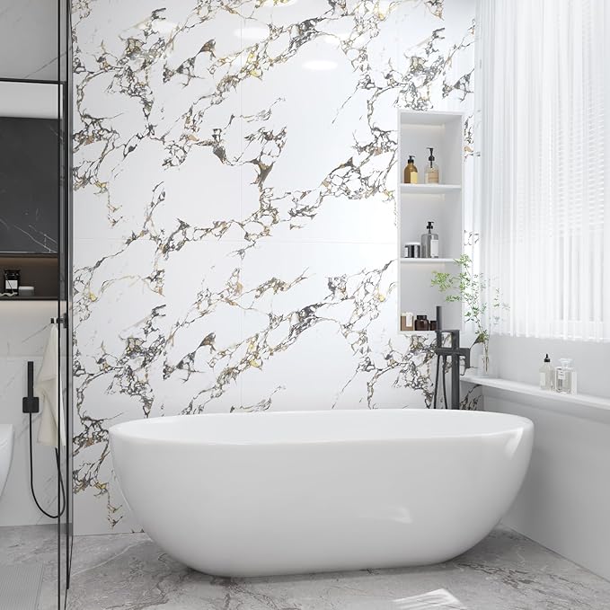 White Gold Marble Granite Contact Paper peel and stick kitchen for Countertops cabinets Wallpaper 32x591inch largen Waterproof Self adhesive Sticker Vinyl Wrapping Paper TV Wall Counter Top Backsplash