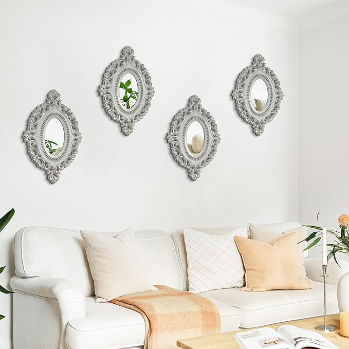 ZEXUIRU Set of 4 Wooden Rustic Wall Mirror Vintage Style Decorative Entry Mirror Farmhouse Wall Decoration for Living Room Bedroom Bathroom Kitchen