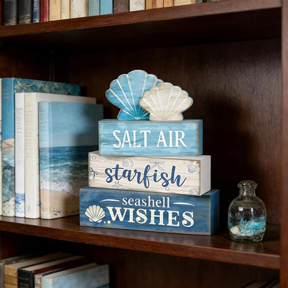 4 Pcs Coastal Summer Beach Tiered Tray Decor Rustic Wooden Nautical Centerpiece Set with Shell Starfish Farmhouse Style Beach Room Decor Summer Tiered Tray Decor