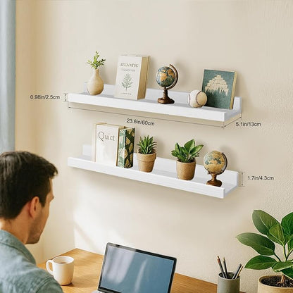 24inch Floating Picture Ledge Shelves 2-Pack, White Wall Mounted Shelves with Lip for Nursery, Kids Room, Living Room & Bedroom, Sturdy Floating Book Shelves for Photo Frames & Decor