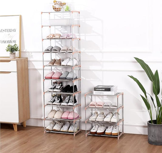 Stackable Small Shoe Rack, Entryway, Hallway and Closet Space Saving Storage and Organization (4-Tier, Pink)