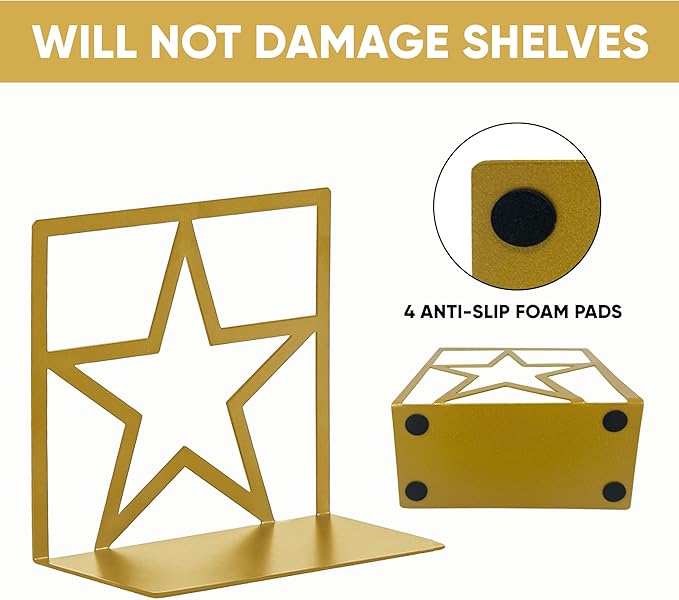 GEOMOD Gold Star Metal Bookends Heavy Duty for Desk & Shelves, Non-Slip Metal Bookends for Bookshelf End Holders, Modern Decorative Book Ends Gold, Book Holder for Office, Study & Home Library 2 Pairs