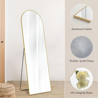 OLIXIS Arched Full Length Mirror for Bedroom, 65"x24" Full Body Mirror with Stand, Hanging or Leaning for Wall, Aluminum Alloy Thin Frame Floor Standing for Living Room, Long, Gold