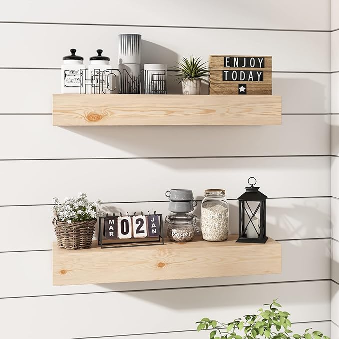 Wall Floating Shelves, Rustic Wood Shelf for Wall Mounted - Wooden Handmade Shelves for Bathroom Kitchen Livingroom - No Stain - DIY(Unfinished, 24 Inch - 2 Pack)