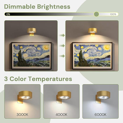 L LOHAS LED Gold 3Pcs Battery Operated Picture Light, Magnetic LED Painting Light with Remote, Dimmable and Timer, Art Display Light for Picture Frame Paintings, Wireless Wall Decor Puck Lights, 3CCT