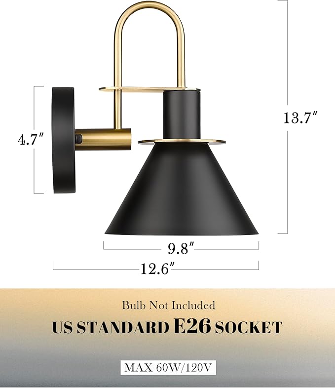 Wall Sconces Set of Two, HWH Modern Sconce Wall Lighting, 1-Light Black Barn Vanity Light, Industrial Wall Lamp for Bedroom Kitchen Bathroom, Black and Gold Finish, 5HZG56B-2L BK+BG