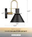 Wall Sconces Set of Two, HWH Modern Sconce Wall Lighting, 1-Light Black Barn Vanity Light, Industrial Wall Lamp for Bedroom Kitchen Bathroom, Black and Gold Finish, 5HZG56B-2L BK+BG