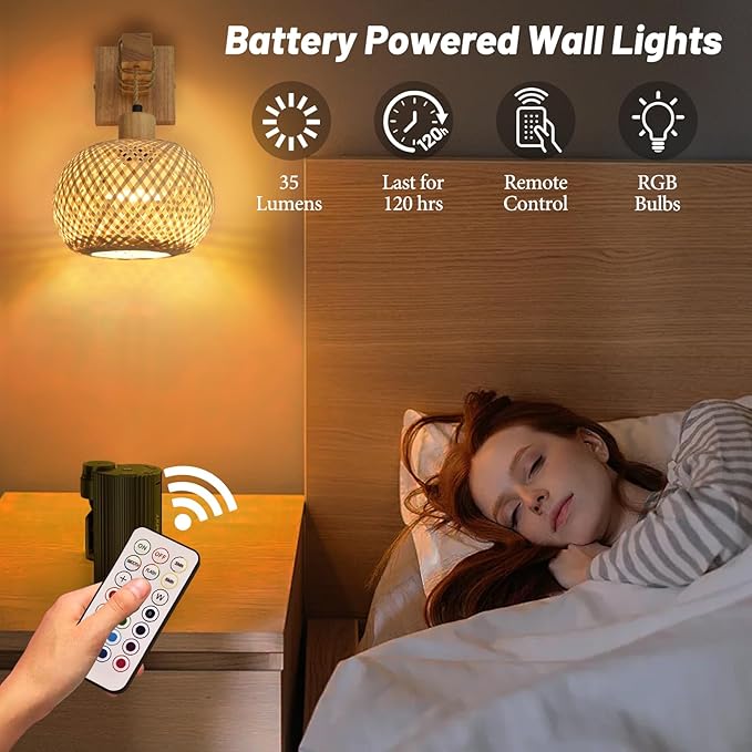 Battery Operated Wall Sconce Set of Two, Bamboo Solid Rubber Wood Wall Sconces with Remote RGB 15 Colors Dimmable, Farmhouse Boho Wall Lights for Bedroom Living Room Entryway