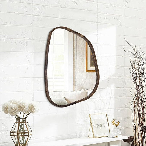 Asymmetrical Accent Mirror for Wall Irregular Oval Wood Frame Modern Unique Wall Mirrors Decorative Boho Vanity Bathroom Living Room Bedroom Entryway Hallway Artistic Wavy Mirror Small 16"x12"