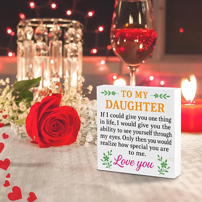 Valentines Desk Decor, Valentine's Day Home Office Table Sign for Wife Daughter from Dad Husband, Valentine Gifts Decorations for Porch Tiered Tray Shelf Party, To My Daughter Love You